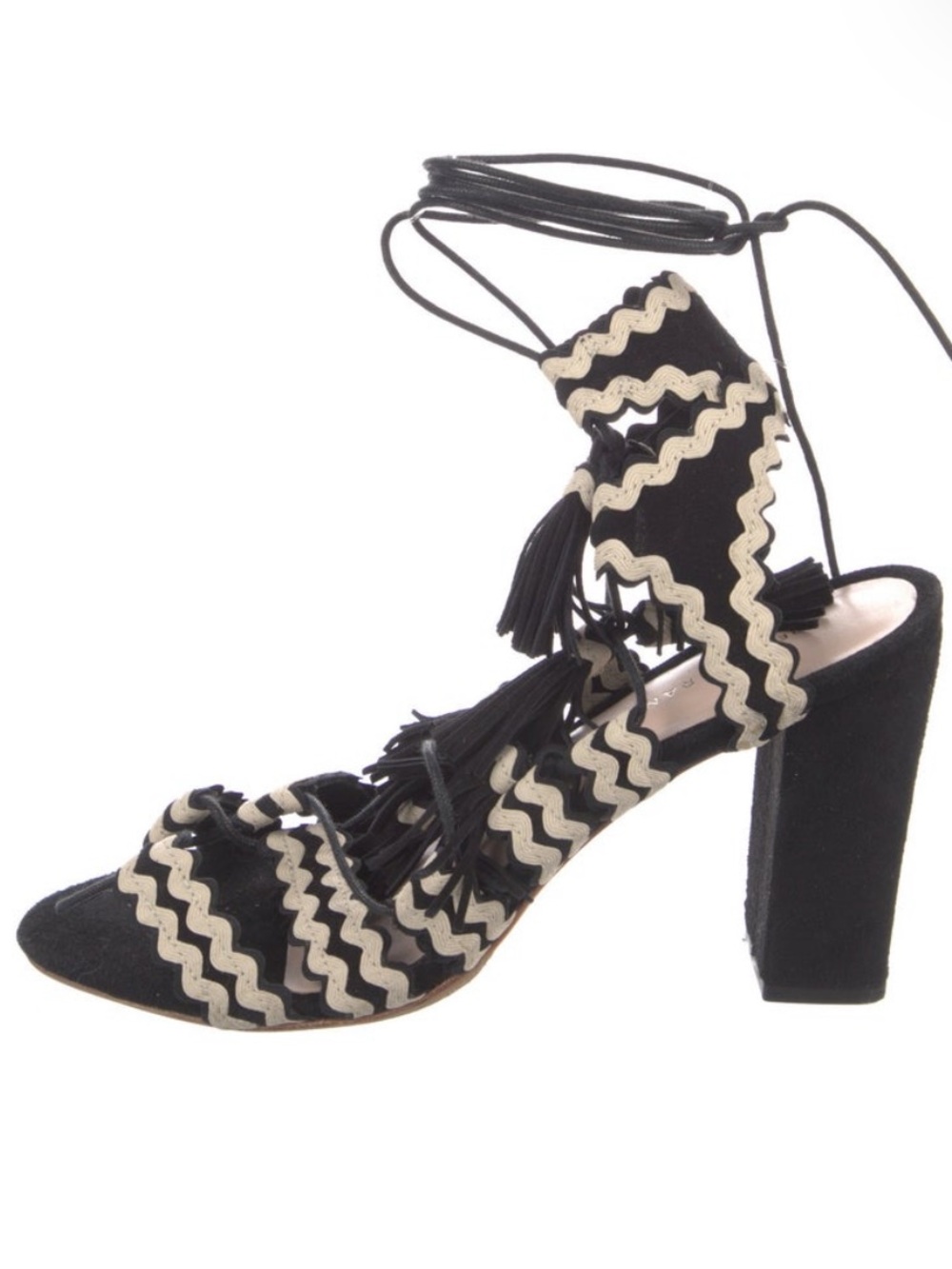 Loeffler Randall Black and Cream Suede Lace-Up Block Heel Sandals